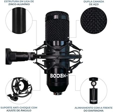 Kit Microfone Condensador BM800 Estúdio Profissional Boden USB Preto - Image 2